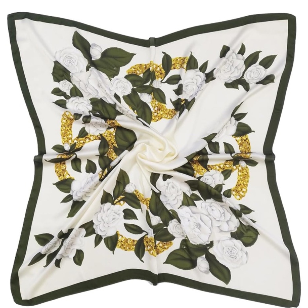 Silk like White Roses Print Head Scarf 35" Square Silk Hair Wrap